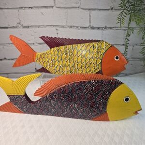 FOLK ART WOOD CARVED FISH SCULPTURE SET BRIGHT MEXICAN BEACH DECOR